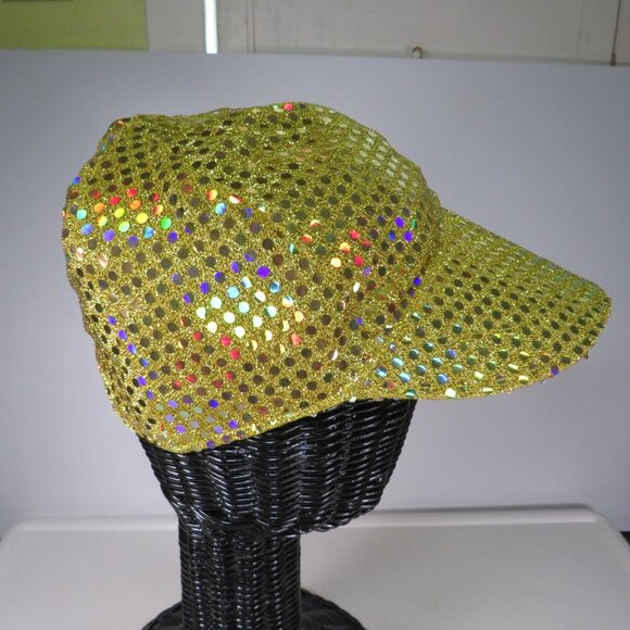Sparkly Gold Ball Cap Hat Sequins Fabric Holographic 1980s - Picture 1 of 9